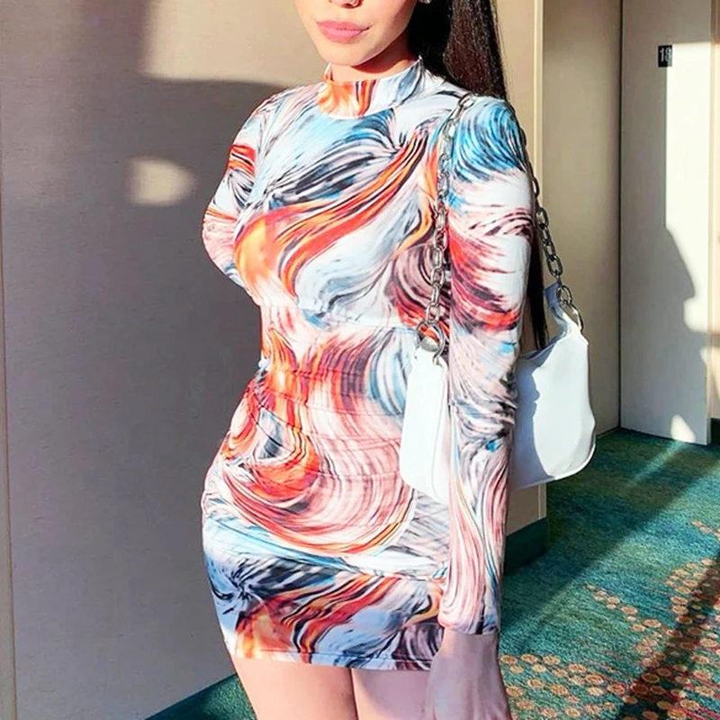 

Fashion Printed Women Mini Dress Party Sexy Skinny Clubwear Long Sleeve Spring Autumn Dresses Basic Slim Female