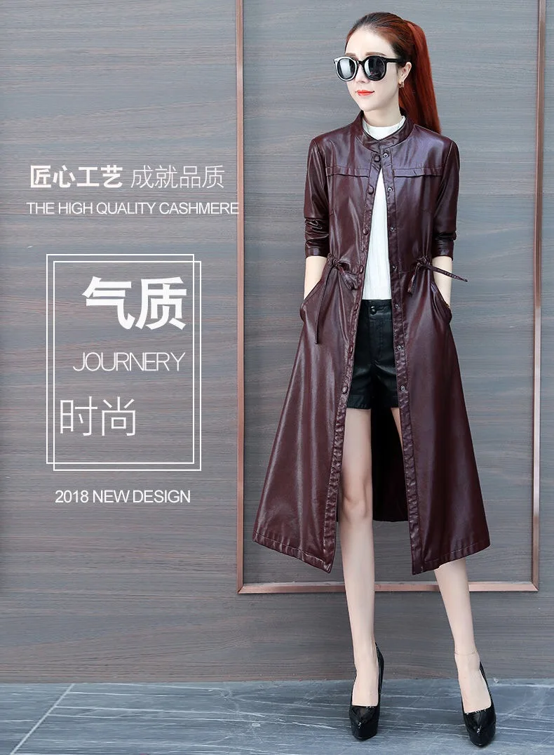 Vangull leather кожаная куртка женская мода тонкий ремень Длинная женская куртка PU мотоциклетная осенне-зимняя верхняя одежда шикарное пальто