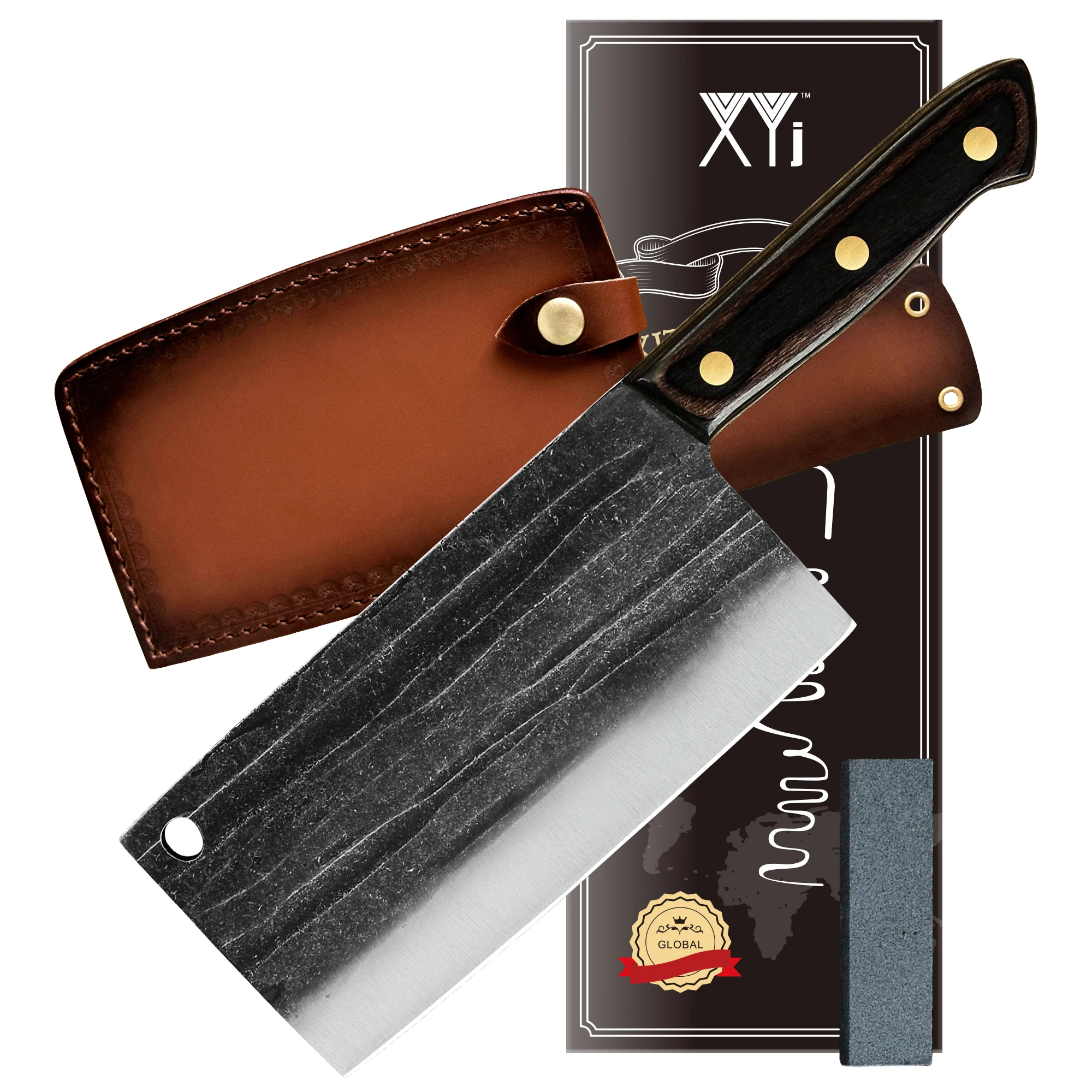 

XYj Kitchen Knife 7 Inch Stainless Steel Butcher Knife Meat Cleaver Chopping Knife Sheath Cutter Tool With Full Tang Wood Handle