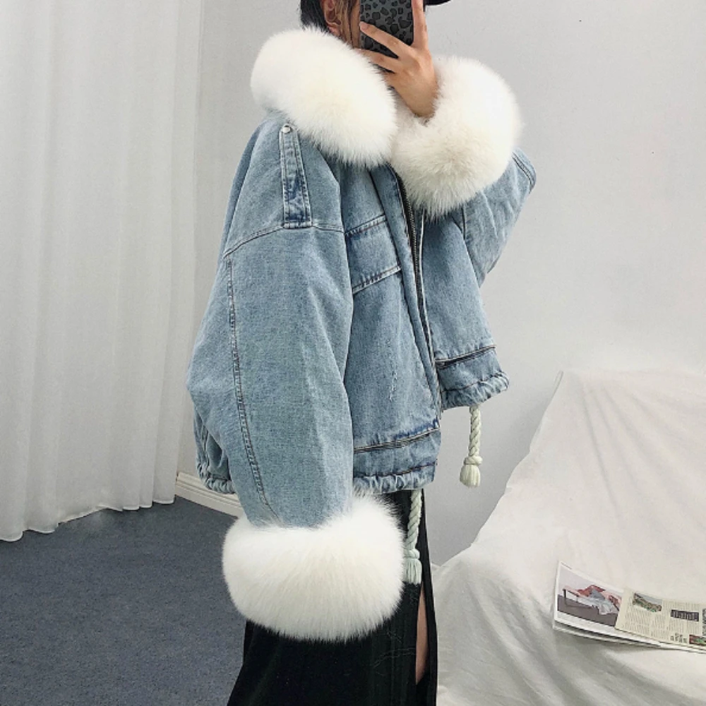 Женская зимняя куртка из искусственного меха джинсовая со съемной подкладкой