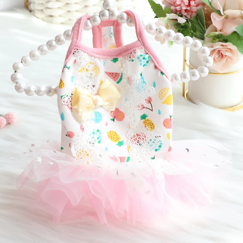 

2021 Cute Fruit Printed Bowknot Puppy Dogs Vests Pink Lace Tutu Skirts Pet Dog Princess Dress Clothes For Small Dog Chihuahua