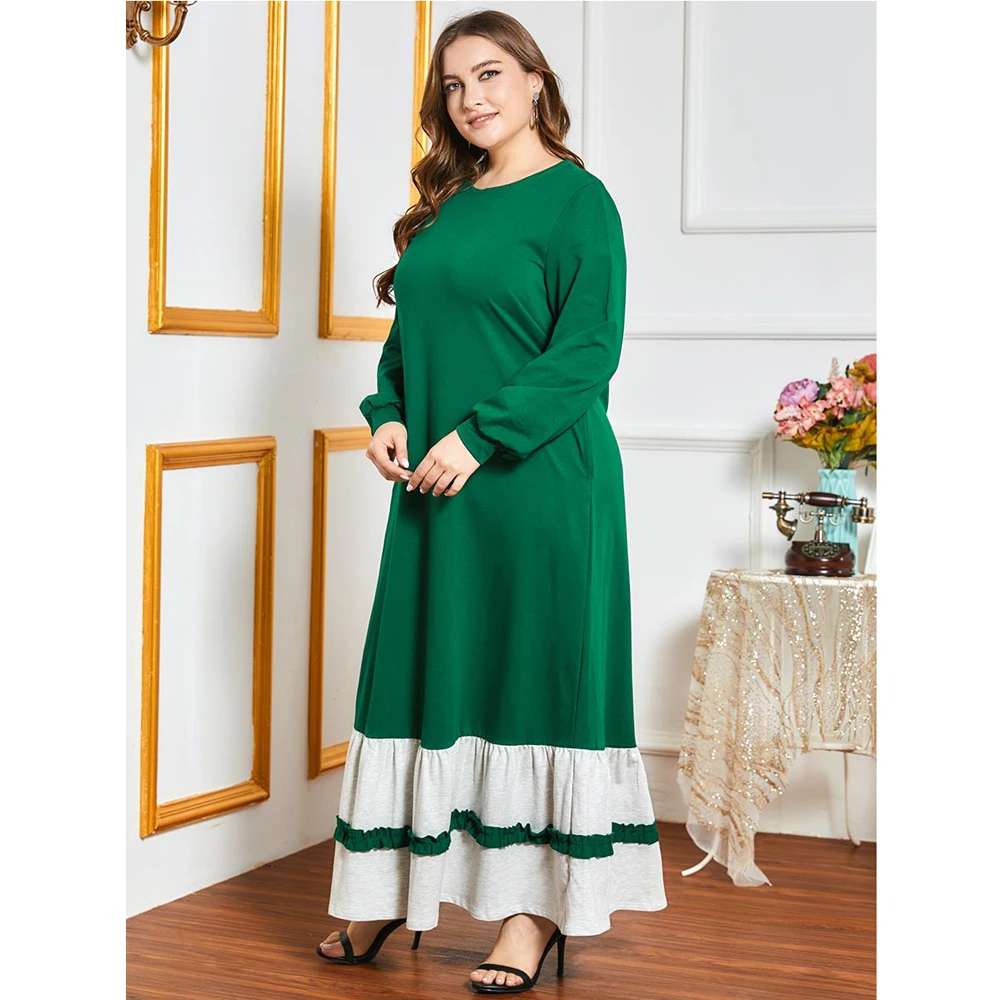 

Arab Jilbab Plus Size Abaya Casual Ramadan Muslim Women Long Dress Patchwork Ruffle Turkish Maxi Robe Color Block Dubai Fashion