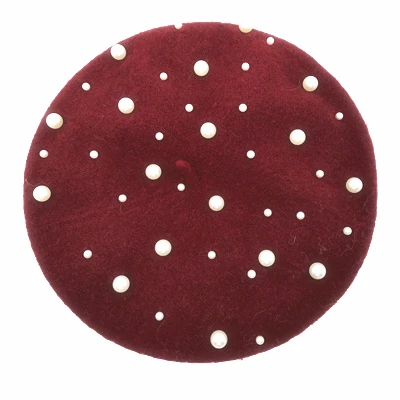 Wine red Шерсть Женские Зимние береты Роскошные Жемчужные заклепки Кашмир винтажные популярные Женские Vogue береты шапки для девушек плоская кепка boin - Цвет: Wine red