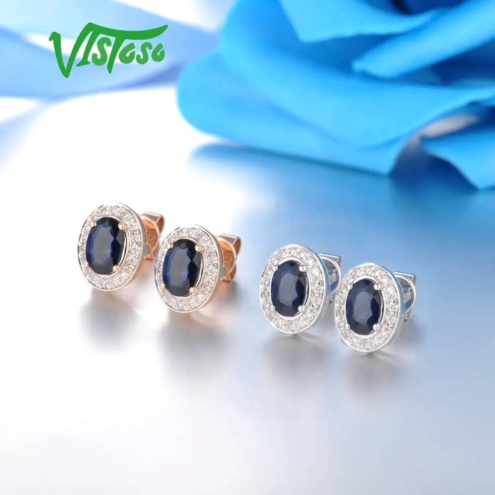 VISTOSO Pure 14K 585 роза/серьги из Белого Золота Шпилька для женщин Элегантный синий сапфир сверкающие бриллианты уникальные модные ювелирные изделия