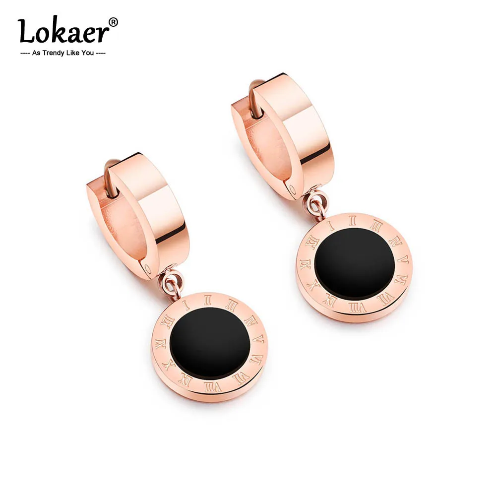 Женские круглые серьги Lokaer черные/белые из титановой стали и розового золота с