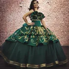 Зеленые мексиканские платья Quinceanera, золотые бриллианты, Тюлевая юбка, корсет, вечернее платье