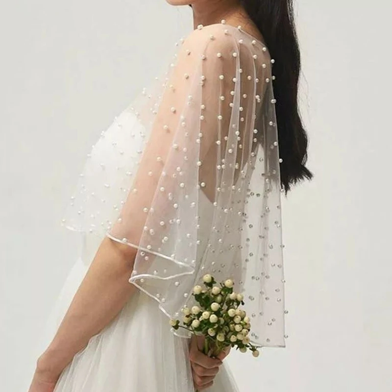 

Womens Wedding Bridal Shawl Wrap Capelet See-Through Pearl Beads Jacket Bolero Tulle Cape Bridesmaid Lace-Up