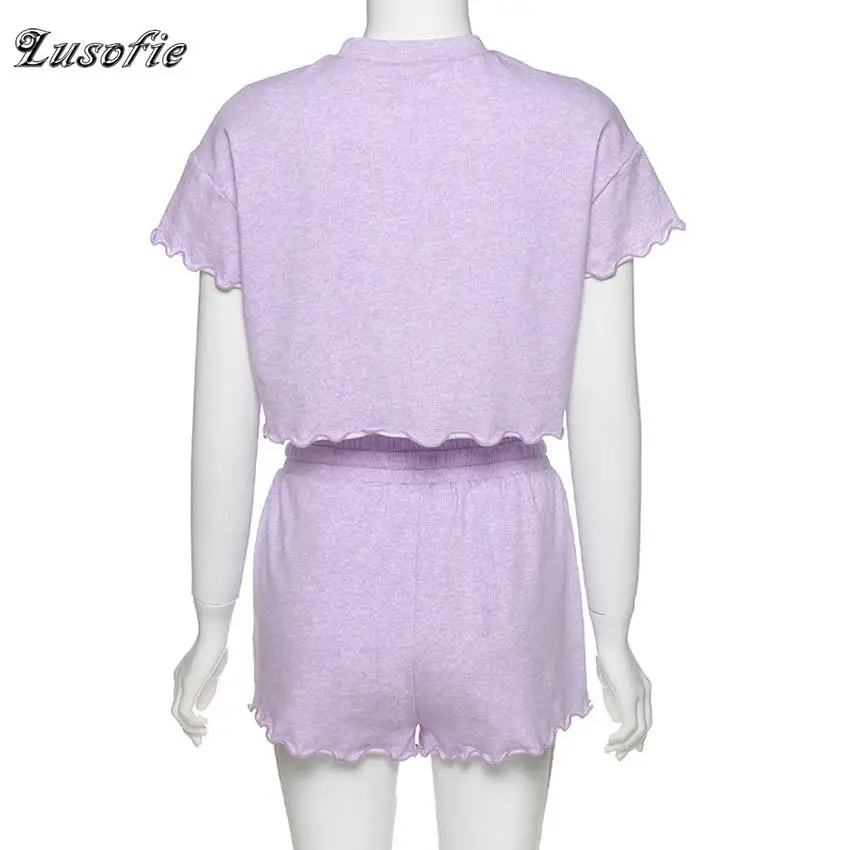 

Lusofie Women's Summer Fashion High Street Two Piece Solid Color Leisure loose Suit Short Sleeve Ruffle Top Lace up Shorts