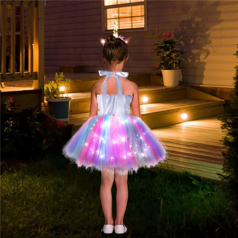 Girls Unicorn LED Tutu Dress with Wings Headband Sequins Kids Ballet Ball Princess Costume for Birthday Party Halloween Cosplay |