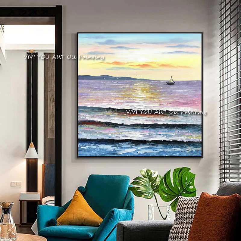 Картина маслом на холсте с изображением заката морского судна ручная роспись