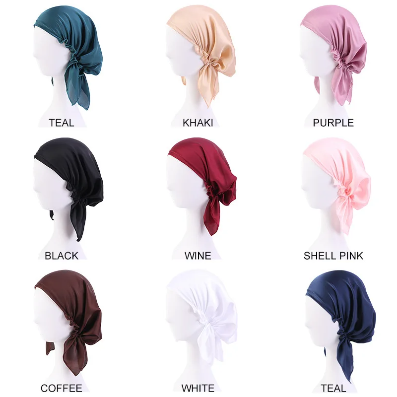 

Helisopus New Silk Fabric Solid Color Turban Hat Women Elastic Cancer Chemo Headwear Muslim Head Scarf Hijab Caps Accessories