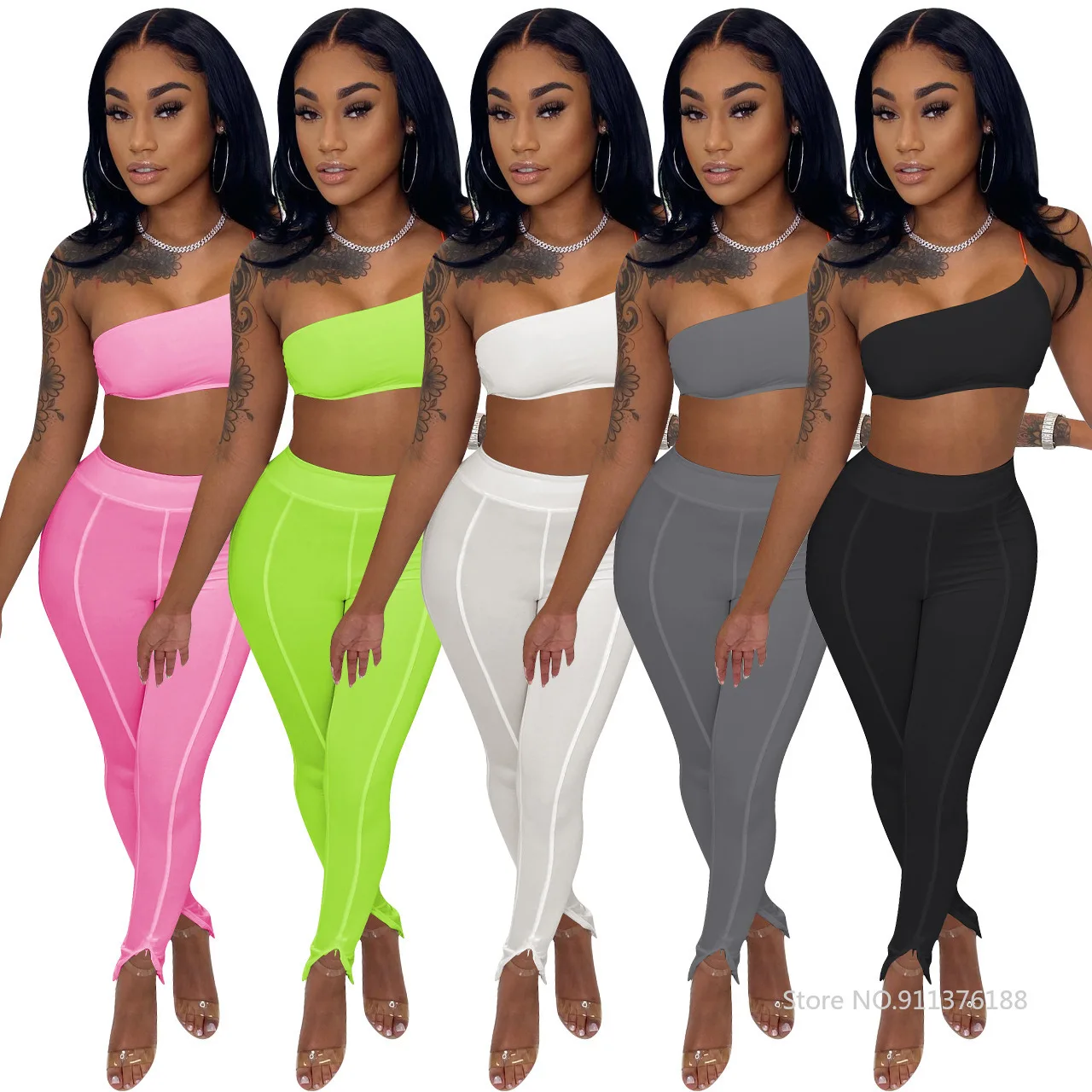 

Ajoc Solid Color Casual Tracksuit Women 2021 Summer One Shoulder Crop Top + High Waist Slit Hem Pants Two Piece Set Outfits