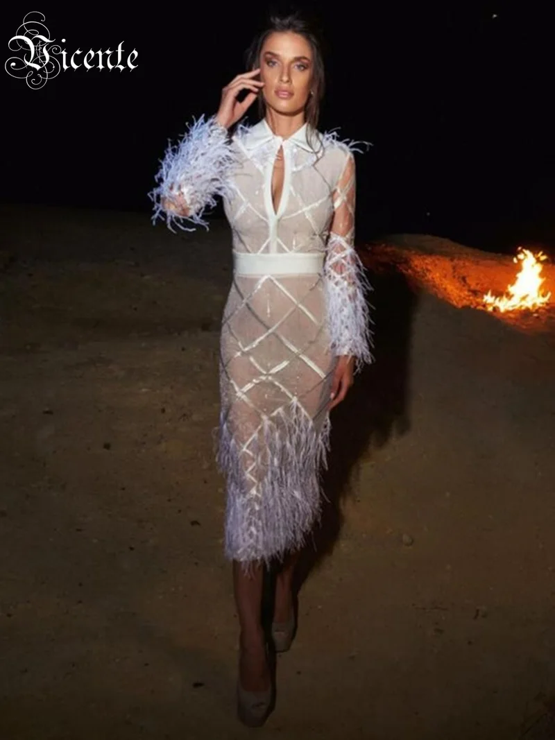 Женское платье с перьями элегантное Сетчатое Бандажное в стиле пэчворк