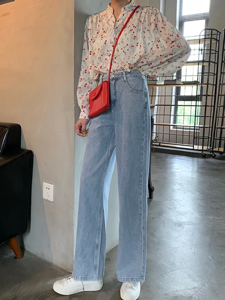 Осенние джинсы с высокой талией широкие синие винтажные прямые в стиле Харадзюку