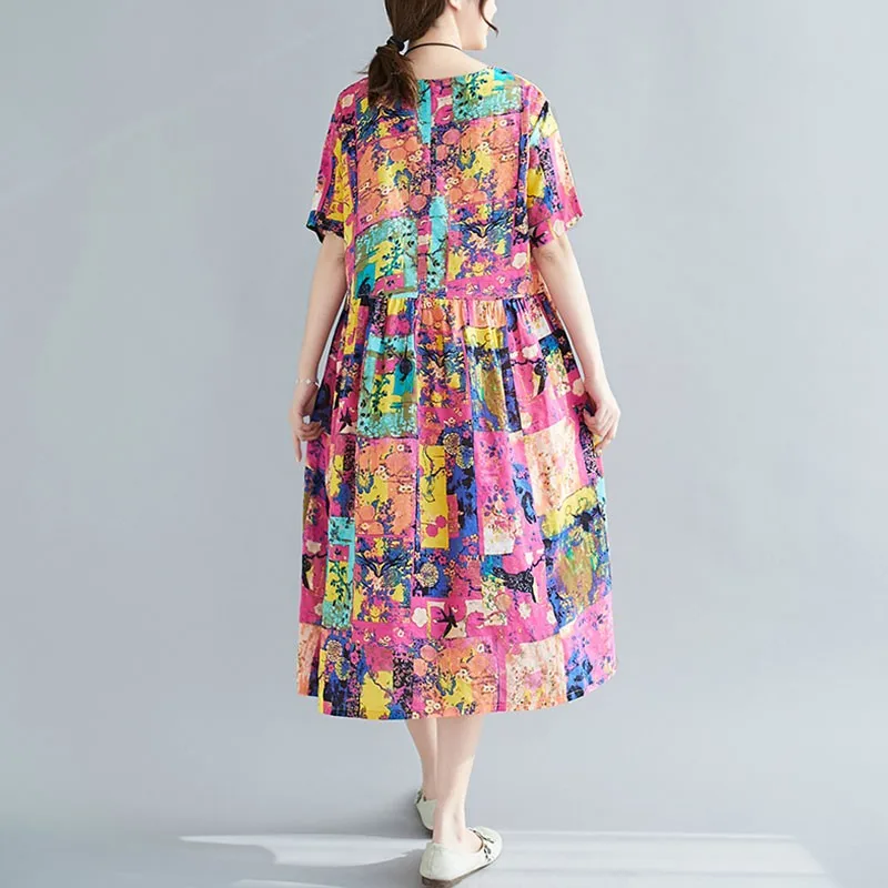 

Oversized Women Cotton Linen Casual Dress New Arrival 2021 Summer Simple Style Vintage Print Loose Female Holiday Dresses S3347