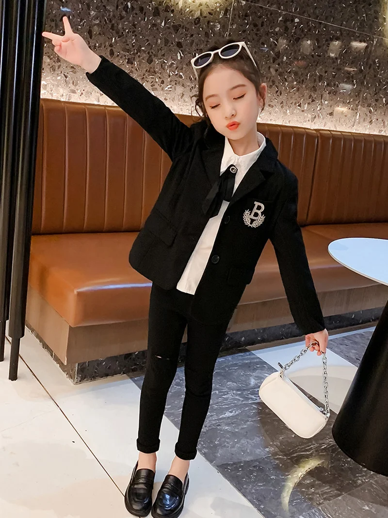 

School Uniform Style Brief Soild Black Suit Coat for Baby Girls Autumn Children's Outerwear Jackets for Girls for 12 Years Old