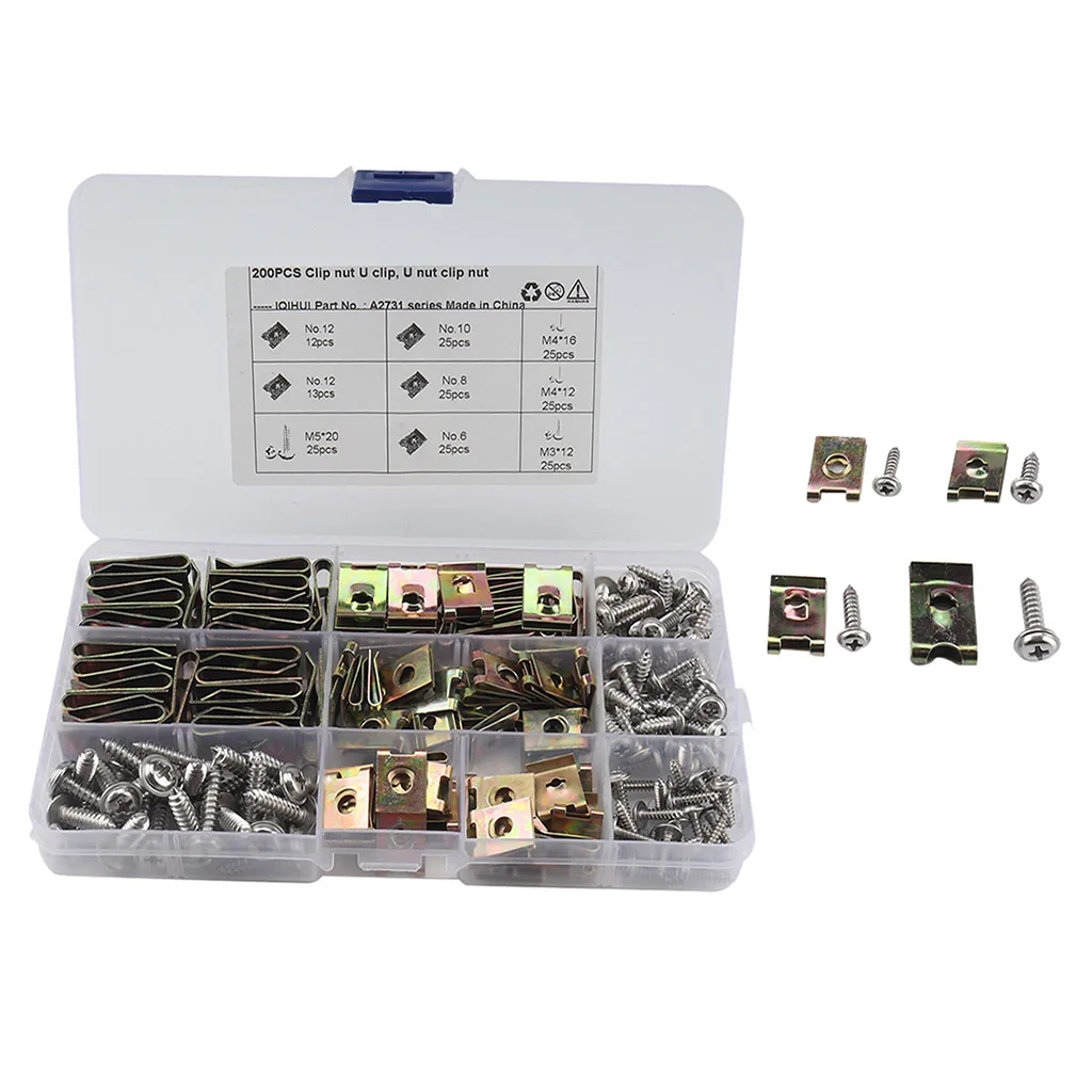 200pcs Assorted Spire Clips U Nuts Fasteners No.10 M3x12 M5x20 | Screws