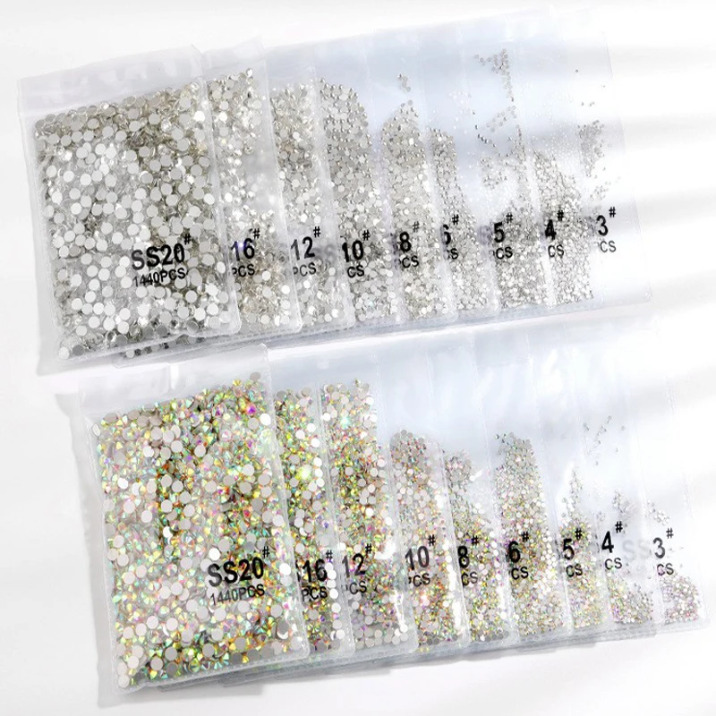 

1440 шт., прозрачные стразы для украшения ногтей, 3D кристаллы AB с плоским дном, самодельные белые прозрачные модные принадлежности для маникюр...