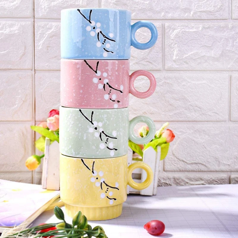 Ceramic Coffee Mugs Set Of 4 Stackable Cups With Stand Vibrant Color And Space Saving For Latte Mocha Tea | Дом и сад