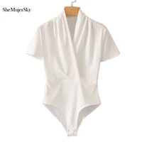 shemujersky white women v neck bodysuit short sleeve summer elastic jumpsuits mameluco mujer