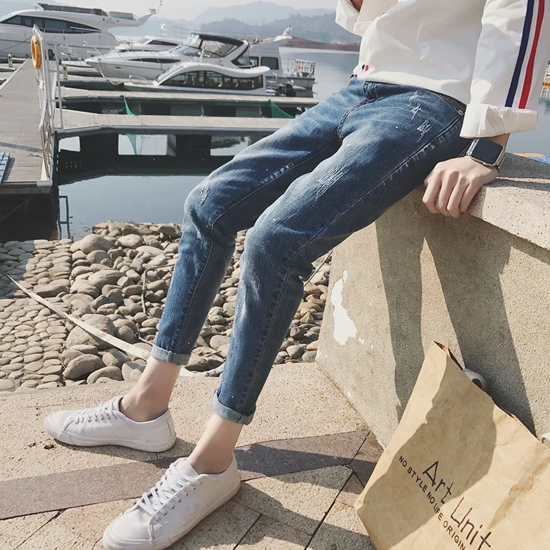 

Wholesale 2020 Fashion Casual Moustache Effect Slim harem ink jet hip Hop young students teenagers jeans men pencil pants