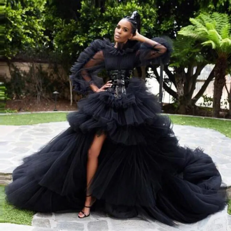 

Chic Illlusions Evening Gowns Full Sleeves Tiered Prom Dresses abiye Long Evening Dress Tulle Black Puff robe de soiree