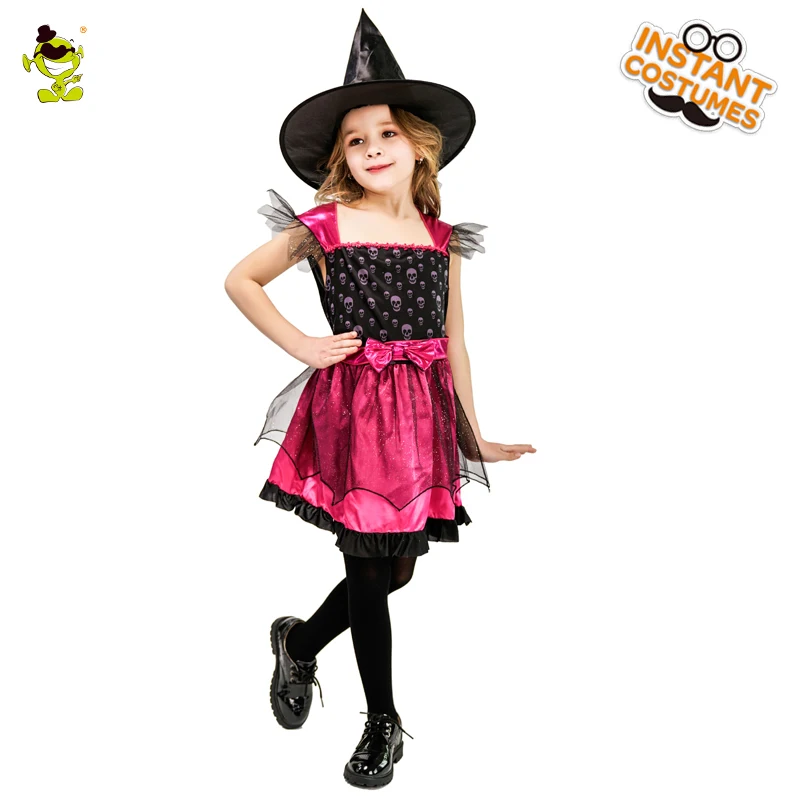 Женский костюм ведьмы для косплея Детский на Хэллоуин розовое платье вечеринки