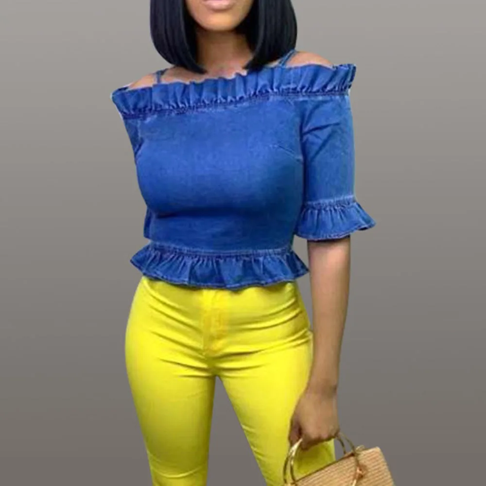 Летние джинсы с открытыми плечами короткая блуза синяя туника высокой талией