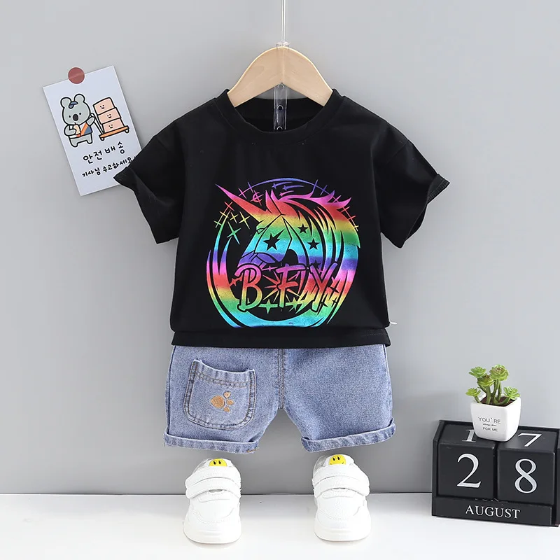 

New Summer Infant Kids Cotton Clothes Unicorn Print T-shirt +Denim Shorts Toddler Boys Fashion Clothing Baby Girls Fashion Sets