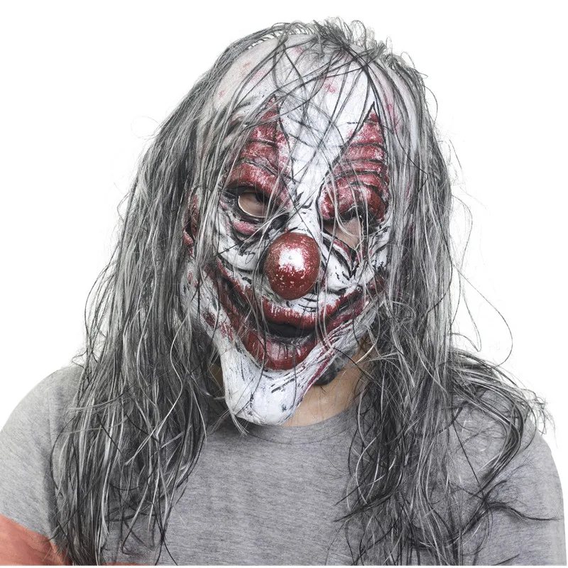 

Scary Clown Mask Halloween Terror Fancy Dress Party Costume Props Realistic Horror Latex Headgear Long Hair