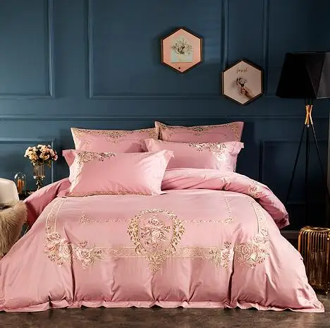 bedding set4 Египетский хлопок, роскошный комплект постельного белья King queen, набор пододеяльников с вышивкой, классический синий розовый комплект постельного белья, Комплект постельного белья - Цвет: bedding set4