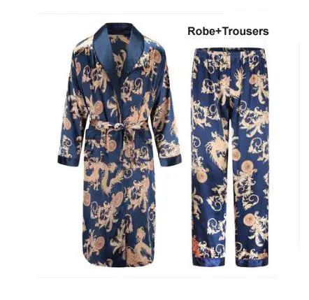 robe and trousers Шелковая ночная рубашка мужская летняя тонкий купальный халат Тигр Ночная рубашка свободная Свадебная robesilky с длинным рукавом Sleeprobe размера плюс домашняя одежда - Цвет: robe and trousers