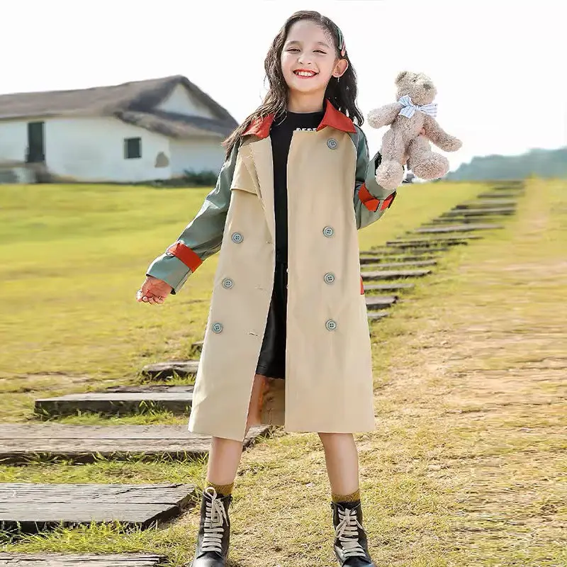 

2021 Girls Windbreakers Spring Autumn England Style Long Sleeve Jacket Cotton Kids Outerwears Children's Casual Coats 5-12 Years