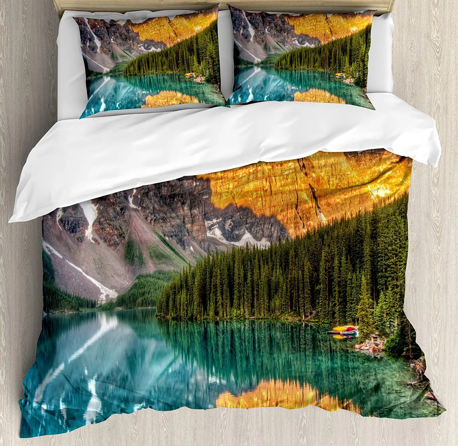 

Nature Bedding Set Moraine Lake Canadian Mountain Range with Creek Pine Forest Mother Earth Scenery Duvet Cover Bed Set