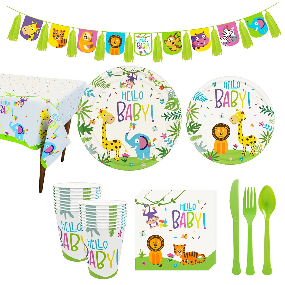 Джунгли животных вечерние тема детей день рождения бумажный стаканчик тарелка