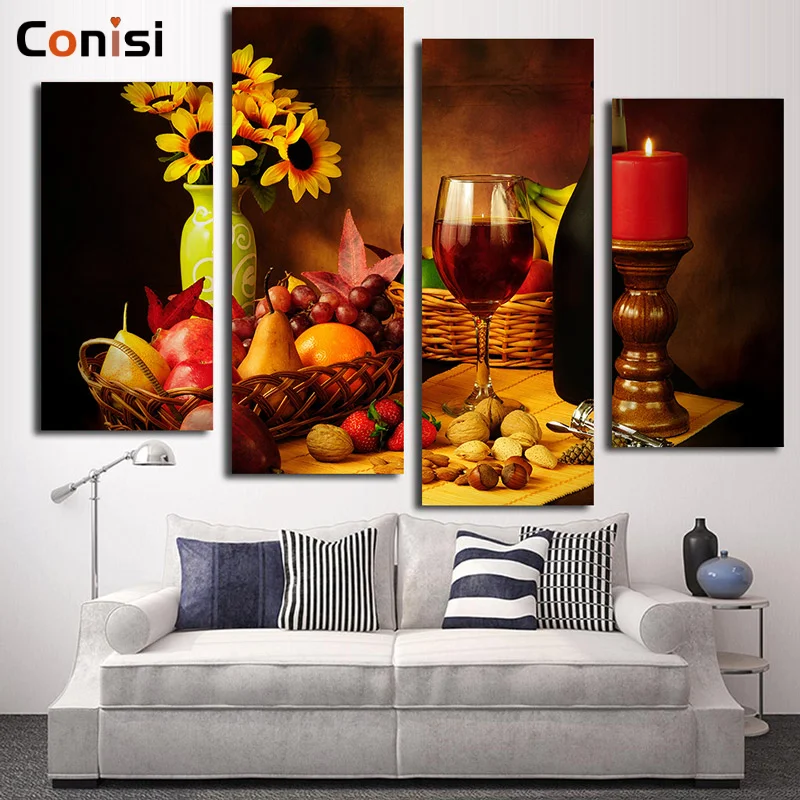 

4 Panels Red Wine Wonderful Fruit Nut Poster Print On Canvas Painting Wall Art Pictures For Living Room Restaurant Home Decor