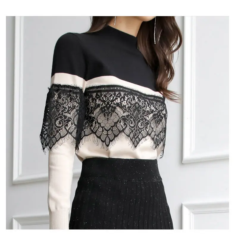 

Fashion new style gentle temperament slim lace stitching knitting with sweet half high collar sweater