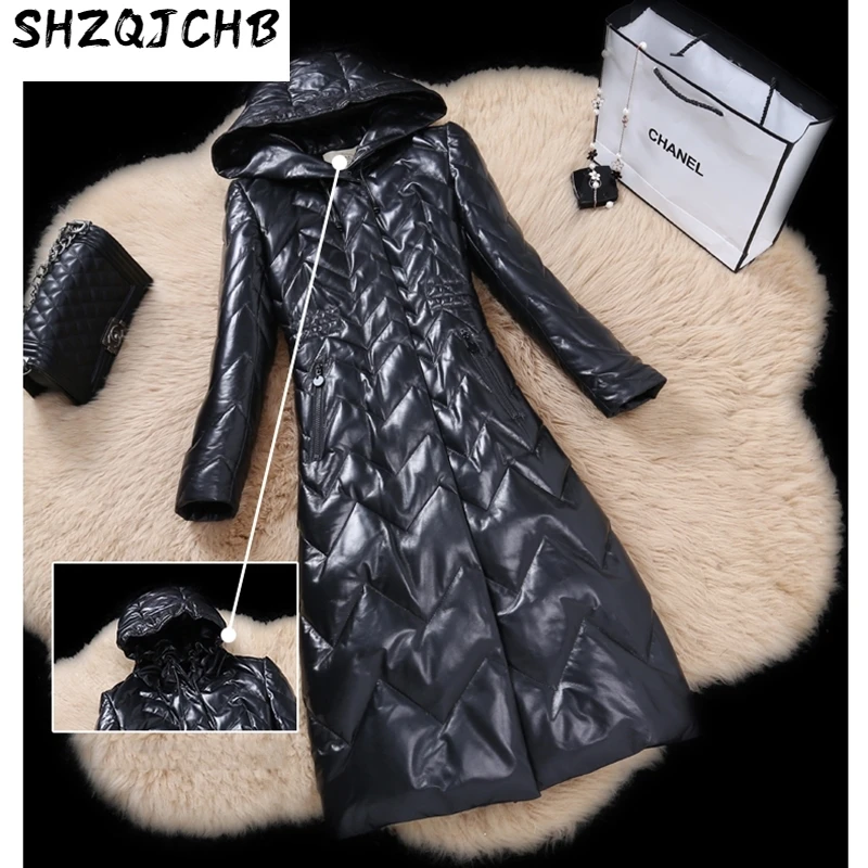 

JCHB 2021 Genuine Leather Jacket Women Winter Warm 90% Duck Down Jacket Sheepskin Coat For Women Long Parka Real Fox Fur Collar