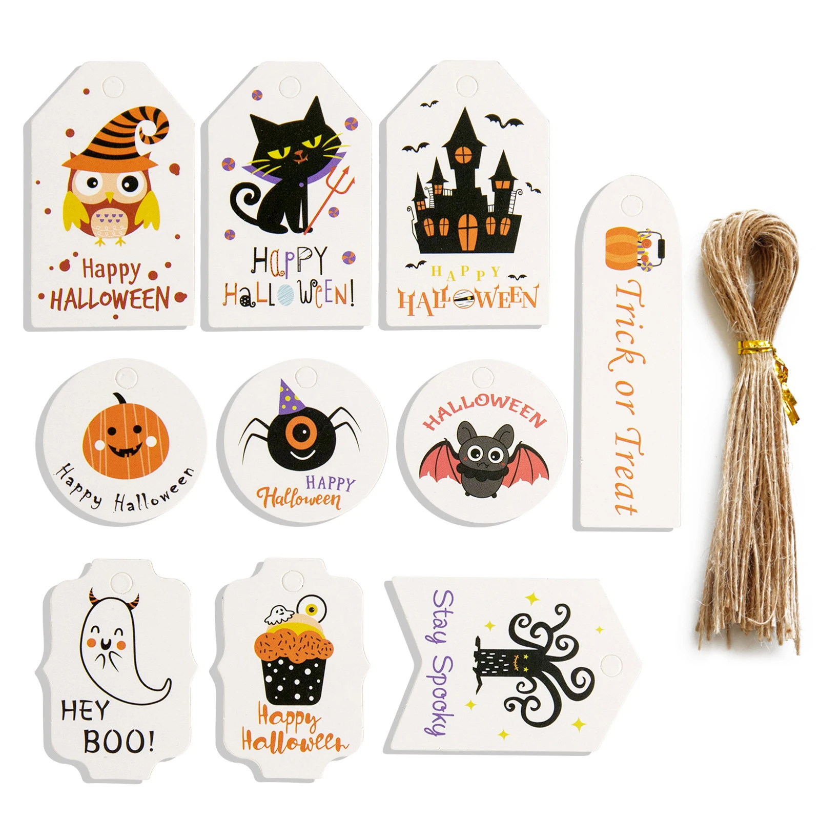 

100 Pieces Halloween Paper Tags with 100 Hemp Rope Trick or Treat Craft Label Halloween Decoration