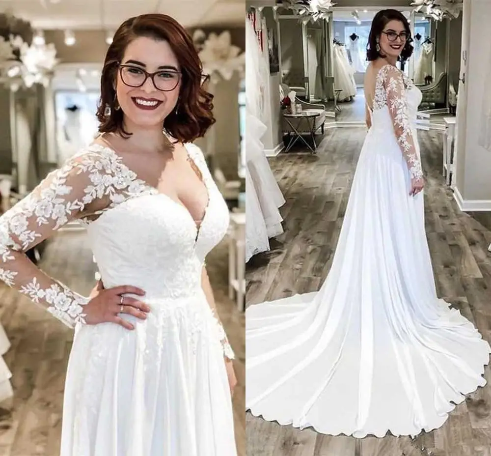 

Lace Chiffon Long Sleeve Beach Wedding Dresses Simple Design Plus Size Appliqued Country Backless sexy Wedding Gowns