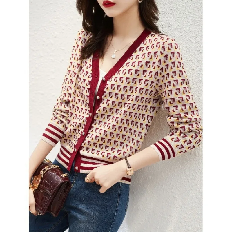 

2021 autumn new women's cardigan coat contrast slim long sleeve sweater
