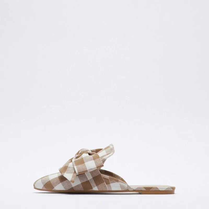 

High-quality Fashion Light Luxury Women's Shoes New Women's Shoes Plaid Temperament Bowknot Flat Mules Sandals Half Slippers
