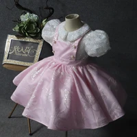 sequin pink baby girl dress satin short sleeves flower girl dress knee length dresses for girls bow puffy first communion