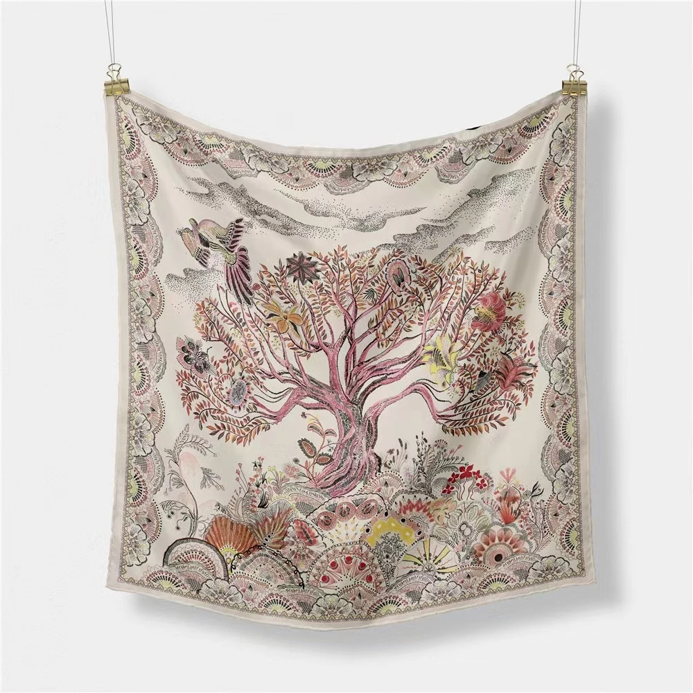 

2021 New Design Women's Silk Scarf Tree And Bird Printing Square Scarves Casual Female Changeable Wrist Towel Neckline