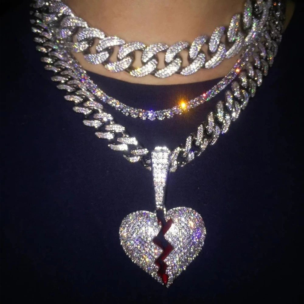 

Цепочка Из кубинской цепи Майами для мужчин и женщин, ожерелье золотого и серебряного цвета с кулоном в форме сердца со сверкающими кристал...