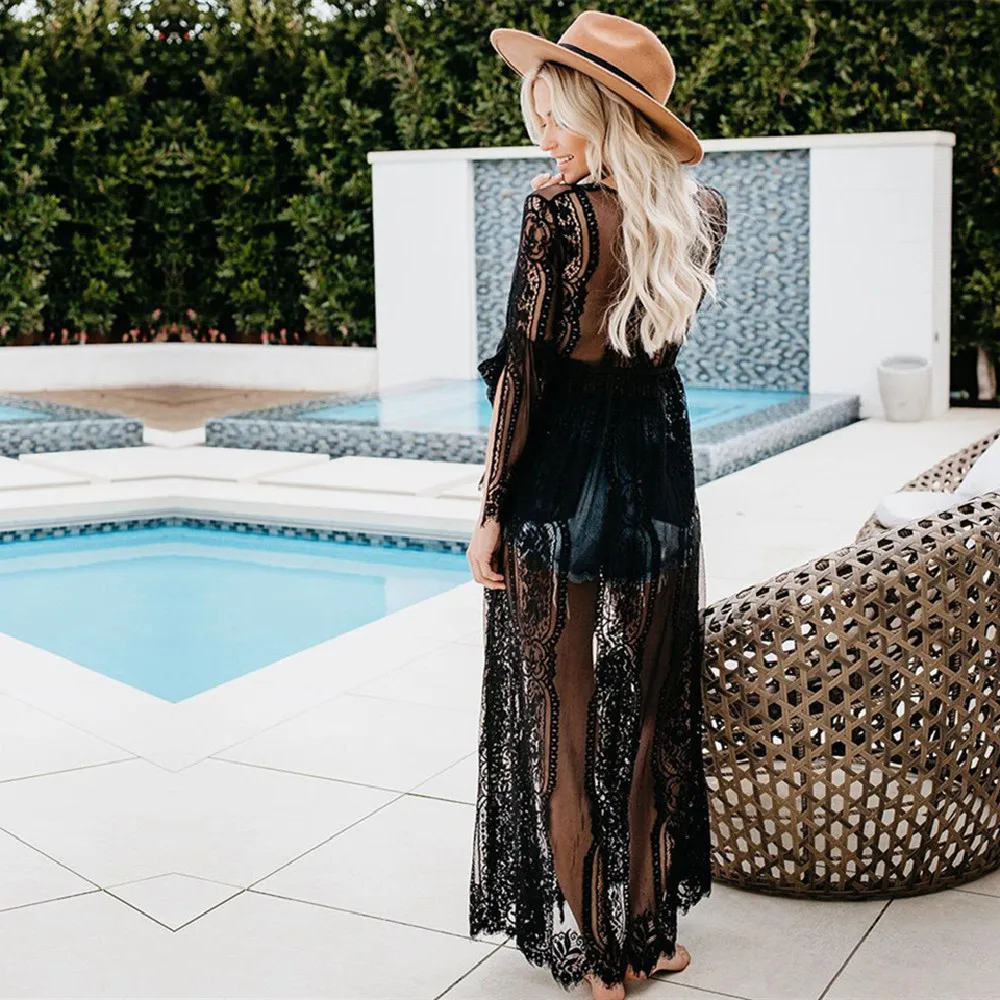 

Tunics for beach Long Lace Beach Dress Women Swim Cover up Plus size Saida de Praia Robe de Plage Kaftan Beach Cover up