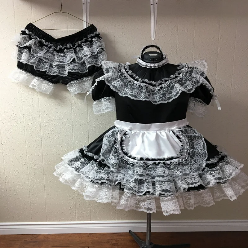 Взрослый закрываемый костюм французской горничной с рюшами и брюками-пеленками и оголовьем, настраиваемый.