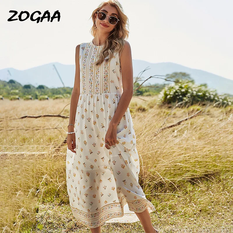 

ZOGAA Dress Women Spring New Women's Fresh A-line Skirt Sleeveless Floral Printed Hot Sale Trendy Vocation Female All-match Chic