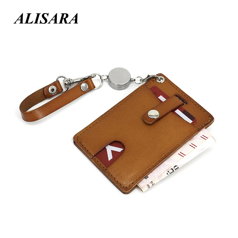 

Original first layer cowhide card holder easy pull buckle retractable bus card bag portable coin purse pendant tide