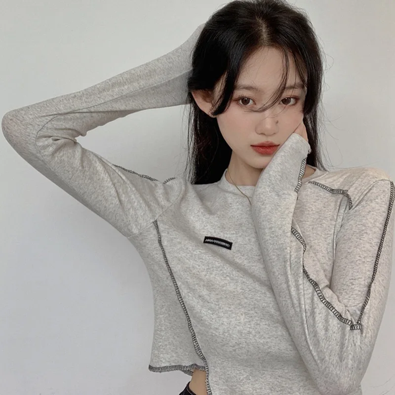 

Women Irregula Crop Tops Long Sleeve T-shirts Patchwork Fashionable Undershirts Design Korean-style Ins Ulzzang Top
